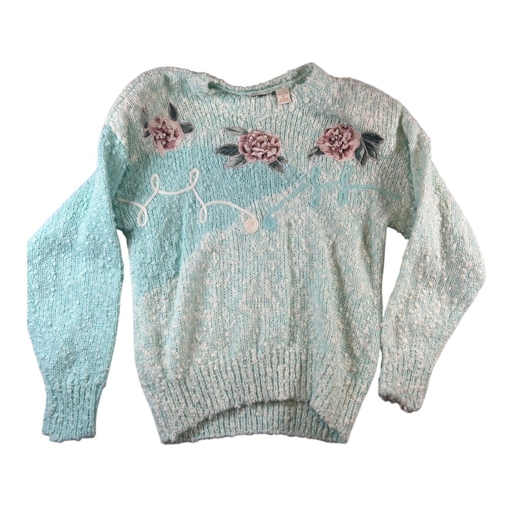 Vintage Needles & Yarn Aqua Blue White Speckled Embroidere Sweater Womens size M